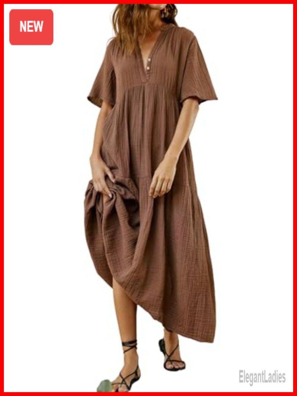 Womens Cotton Short Sleeve Flowy Tiered Maxi Dress Loose Fit Summer